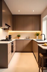Fototapeta premium Modern home kitchen in trendy color 2025 mocha mousse. Elegant and cozy kitchen design.