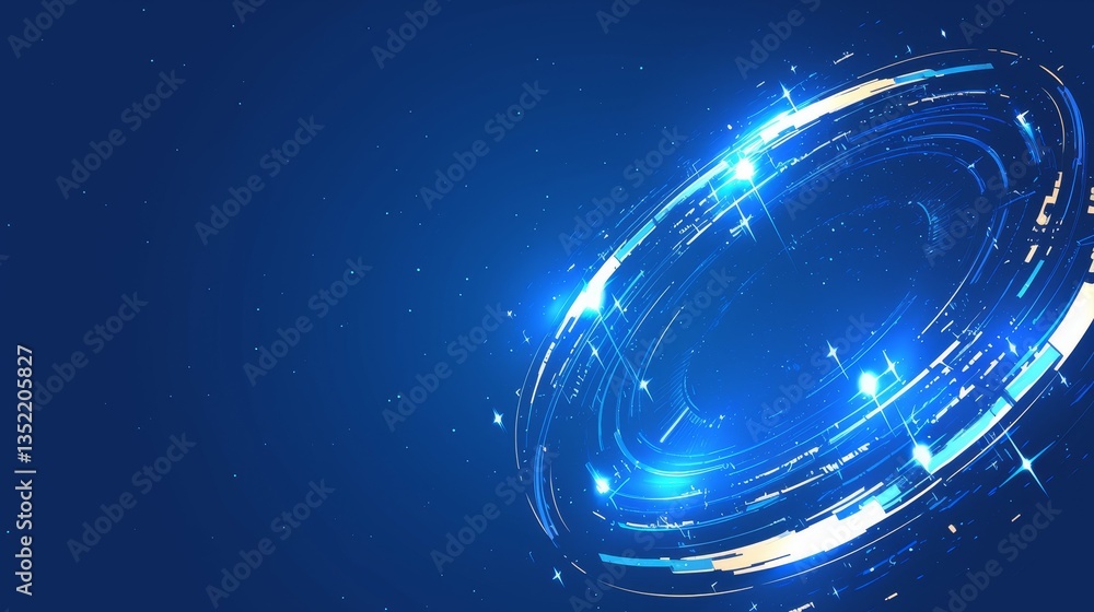 Poster abstract blue background with glowing circular light effects and sparkling particles
