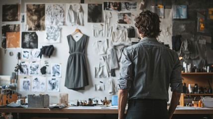 Fashion designer contemplating dress and sketches in creative studio