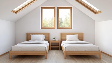 Twin attic kids bedroom with matching wooden beds, soft linens, and a large window letting in natural light