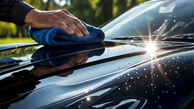 Person Polishing Car Hood with Microfiber Cloth in Outdoor Detail Session with Sunlight Sparkle
