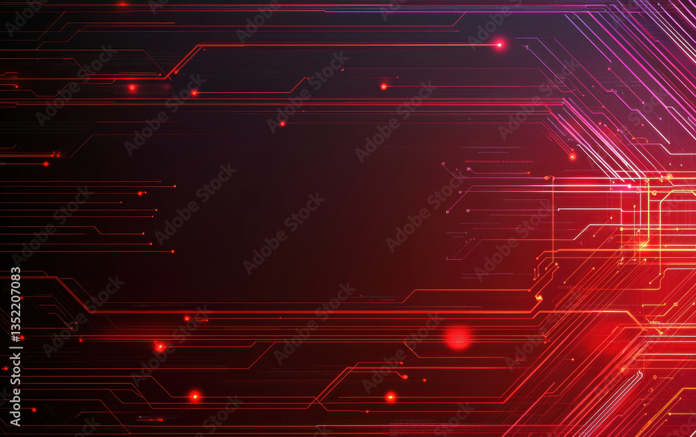 Poster high tech background with luminous data lines and abstract patterns in red and black, conveying sens