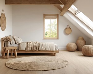 Modern bohemian attic kids room with rattan accents, wooden floors, and bright sunlit windows