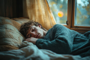 Man sleeping in bed, head on pillow.