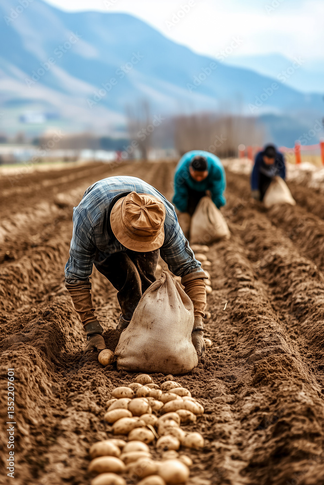 Poster farm workers collecting potatoes from soil using burlap sacks. vast field setting with mountains vis