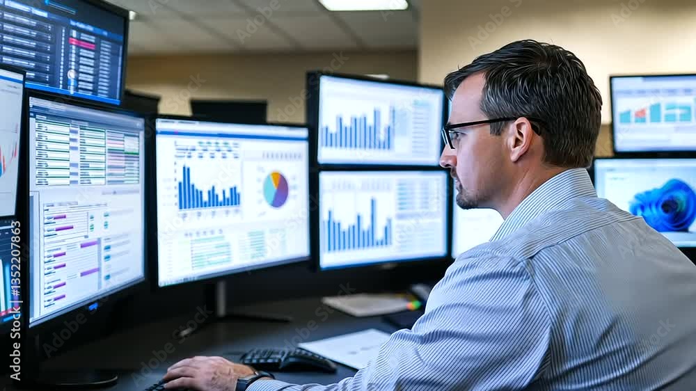 Poster a high-tech command center bustling with professionals analyzing business strategies.