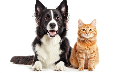 Obraz premium Dog and Cat Posing Together Beautifully on White Background for Animal Lovers