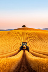Tractor plowing through golden wheat field under sunset. Wide open landscape with curving rows of crops and silhouette of tree in background. Concept of agriculture, farming, rural life