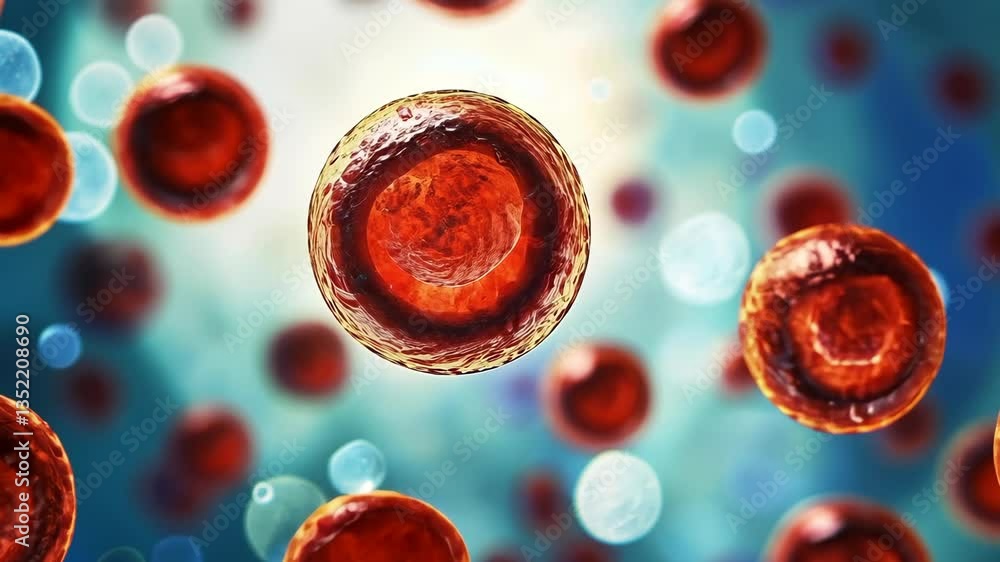 Poster microscopic view of red cells in fluid showcasing cellular structure and movement in a vibrant envir