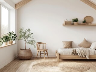 Ecofriendly attic kids room with sustainable wooden furniture, neutral tones, and a sunlit reading corner