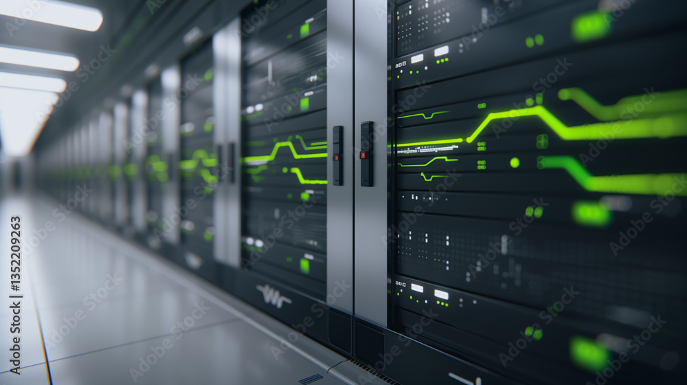 Poster server room: futuristic view of a server room, rows of data servers are illuminated by vibrant green