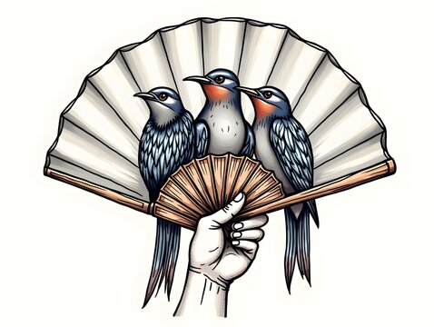 Hand Holding Fan with Birds Traditional Tattoo Design