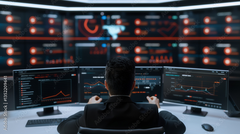 Poster navigating the dataverse: a tech specialist immersed in complex data analysis within a cutting-edge 