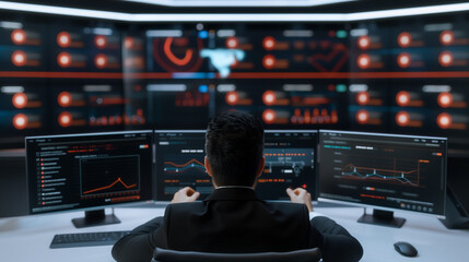 Navigating the Dataverse: A tech specialist immersed in complex data analysis within a cutting-edge control center.