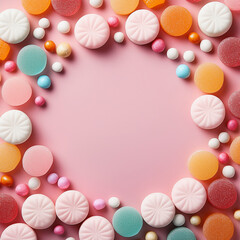 candy arranged around with a space in the middle for inserting text to post on social media.