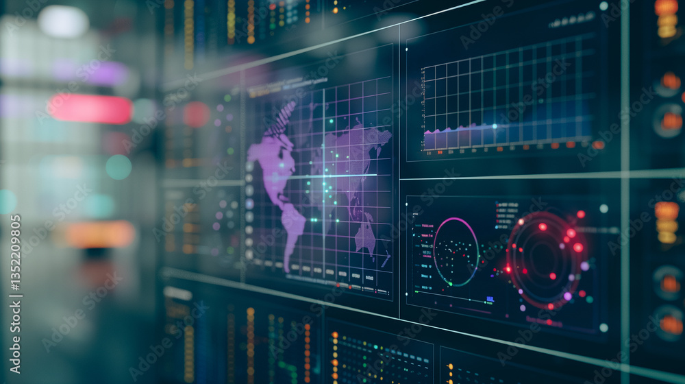 Poster data visualization: a close-up shot of futuristic data panels, displays complex information and real