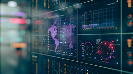 Data Visualization: A close-up shot of futuristic data panels, displays complex information and real-time analysis, hinting at cutting-edge technology.