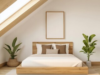 Dreamy attic kids room with a wooden platform bed, soft beige decor, and a skylight for natural light