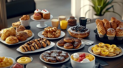 High-Quality Assortment of Delicious Pastries and Beverages on Table