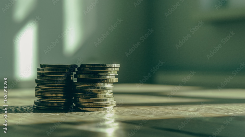 Poster stacked coins: a close-up shot of a stack of coins on a surface with natural light creating shadows,
