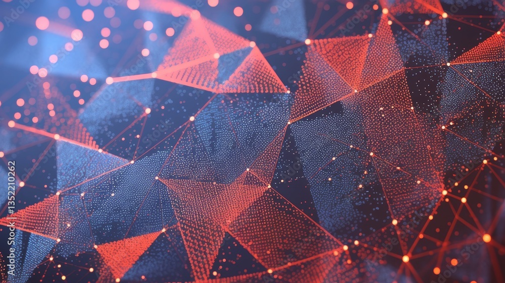 Poster abstract geometric network of red and blue points and lines creating a digital landscape