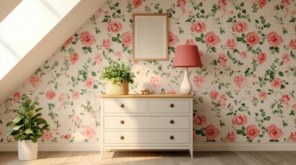 Cottageinspired attic kids room with wooden furniture, floral wallpaper, and soft sunlight