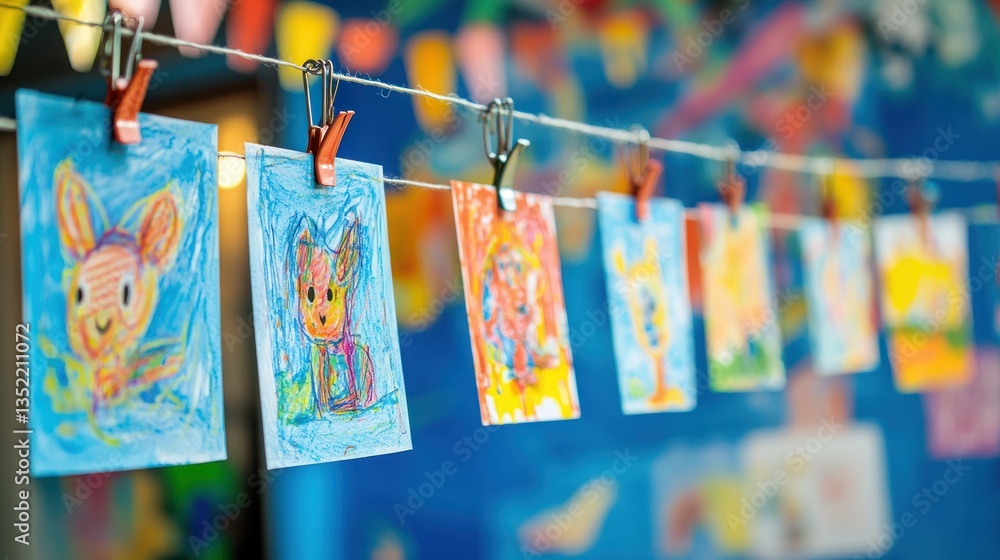 Poster a childrenâ€™s art display with rotating drawings hung with clips on a string