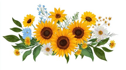 Obraz premium A cheerful summer bouquet of sunflowers and wildflowers.