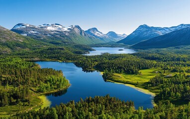 Scenic vista of a mountain range with beautiful lakes and forests