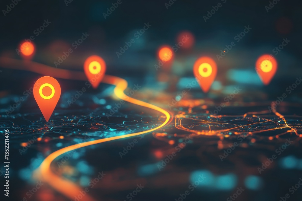 Poster vibrant geolocation markers illuminating digital map at night with dynamic light effects