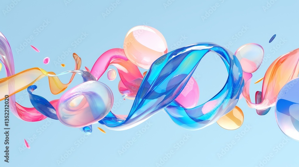 Poster colorful abstract fluid shapes swirling against a light blue background, creating a dynamic visual