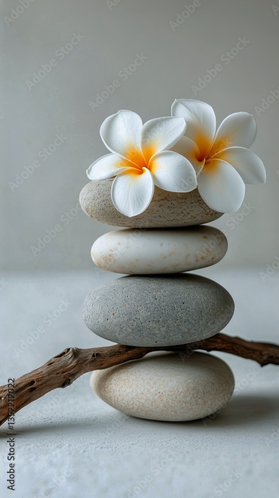 Poster stacked stones and flowers create a serene composition in a calming setting