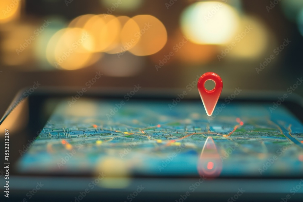 Poster close-up view of gps map with focused location pin highlighting destination on modern tablet