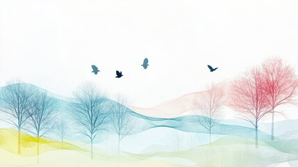 Colorful landscape painting with trees birds and flowing color shapes