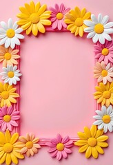 Obraz premium A beautiful frame made of colorful daisies sits against a gentle pink, yellow, and white background, creating an enchanting atmosphere ideal for showcasing any artistic creation Generative AI