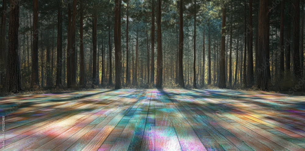 Poster forest trees with a wood floor displaying colorful reflections and light