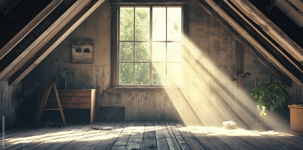 Poster light streams through the window of a wooden attic space