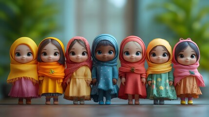 Fototapeta premium Group of strong diverse girls holding hands unity empowerment celebration 3D cartoon illustration