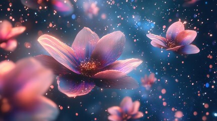 Beautiful glowing flowers float through a dreamy and sparkling space