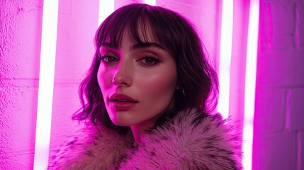 Fototapeta premium Close-up portrait of a young woman with short brown hair wearing a fur collar, illuminated by pink neon lights.