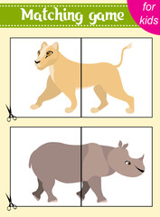 Puzzle game for kids. Puzzle pieces. Zoo animals. Lioness and rhinoceros. Education worksheet. Activity page.