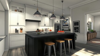 Modern Kitchen with Stylish Island and Pendant Lights