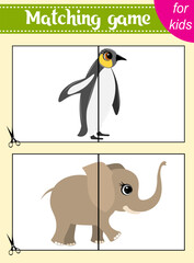 Puzzle game for kids. Puzzle pieces. Zoo animals. Penguin and elephant. Education worksheet. Activity page.