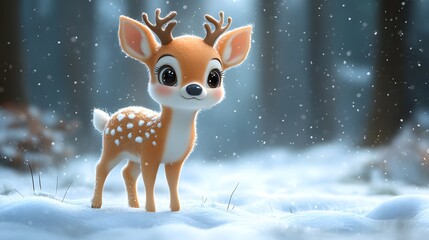 Cute 3D cartoon reindeer standing in snowy landscape joyful expression winter magic isometric illustration