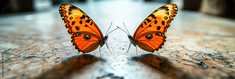 Poster captivating butterfly optical illusion creates enchanting visual harmony on a textured surface