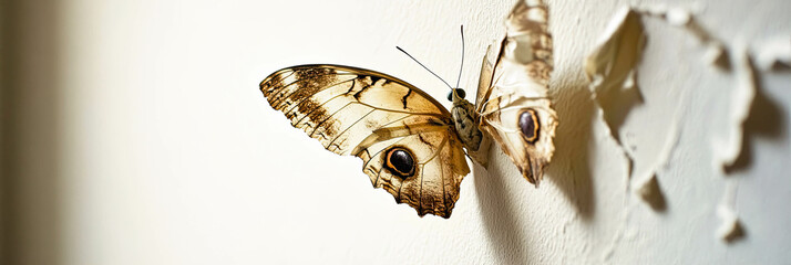 Fototapeta premium Butterfly illusion transforms wall into artwork with hidden beauty and vibrant colors