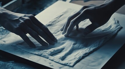 Close-up of hands meticulously working on a textured surface, possibly clay or plaster.