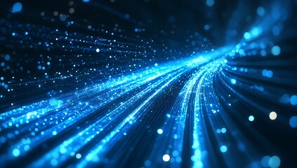 dynamic streaks of bright blue light and scattered particles flowing across a dark, starry background