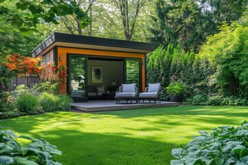 Modern Garden House Surrounded by Lush Greenery in Tranquil Outdoor Setting