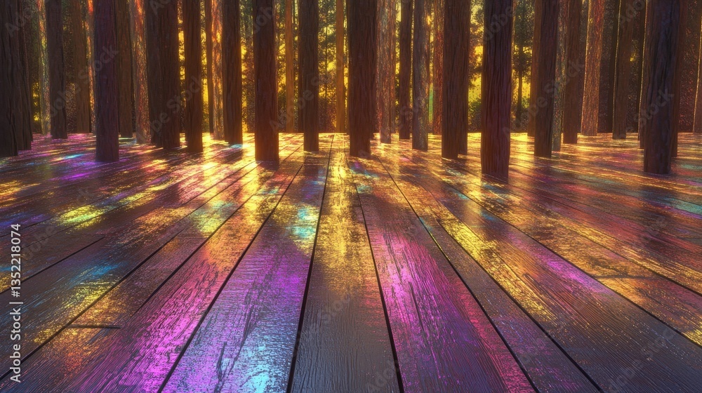 Poster trees stand over a reflective wooden surface with colorful light patterns